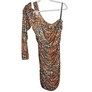 Vtg 90s Y2K Deb Leopard Mesh Sequin Asymmetric Shoulder Mini Dress XL Rouched